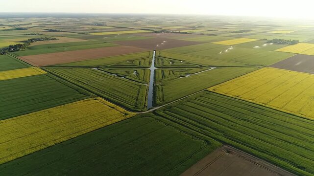 4k, Aerial view capturing geometric farmland patterns with a narrow canal in a vivid patchwork of green and yellow fields, creating a sense of organized agriculture from