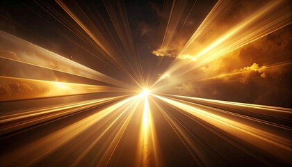 Abstract Golden Light Streaks Radiating Outward Against a Stormy Sky Background with Dynamic Motion and Intense Illumination