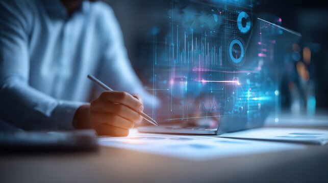 A professional working with digital data analytics, analyzing trends and statistics on a futuristic interface. Focus on innovation.