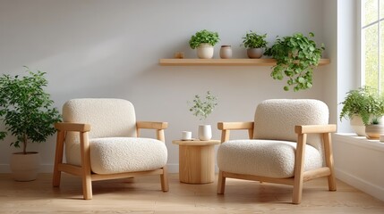 Minimalist Interior Design Featuring Two Textured Armchairs Round Wooden Table and Abundant Green Plants Under Sunlight