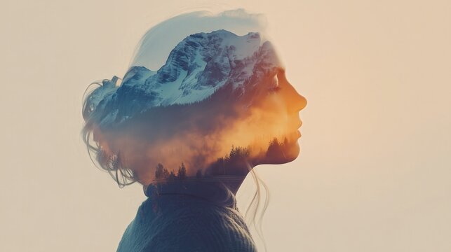 A serene double exposure of a woman's profile blended with a stunning mountain landscape, evoking peace and introspection. - Powered by Adobe
