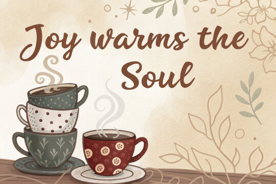 Cozy Illustration of Stacked Teacups with Steam Swirling Upward