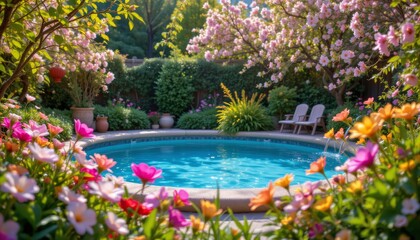 Serene Garden Pool with Blooming Flowers