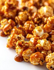 Close-up caramel popcorn pile, glistening, sweet treat