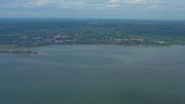 Aerial view of the city and monastery Die&szlig;en am Ammersee in Germany, Bavaria on a sunny spring da