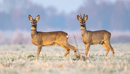 Fototapeta premium Two Roe deer in a frosty field at dawn