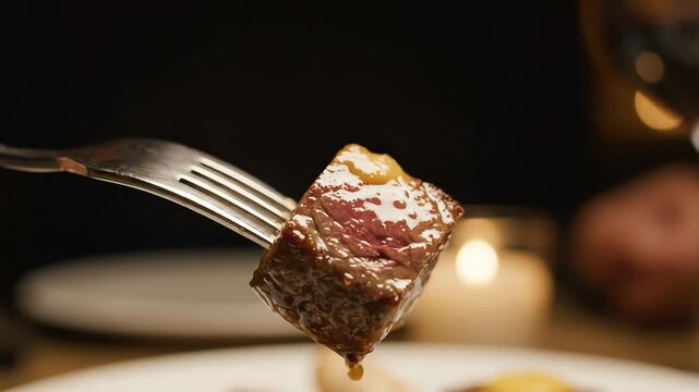 4k, A single cube of grilled steak impaled on a fork, drips with savory juices in a warm, golden light, shot with shallow depth of field against a blurred restaurant