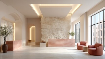 Minimalist Office Lobby with Neutral Tones and Natural Light Featuring Decorative Wall and Contemporary Seating in Airy Space