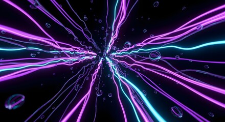 Naklejka premium Abstract futuristic tunnel of glowing purple and cyan data streams with liquid bubbles on a dark background.