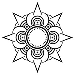 Abstract geometrical mandala. Stylized star shape flower. Medieval Osman decorative design. Black and white linear silhouette.