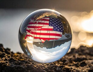 American Flag Reflected in Glass Crystal Ball with Sunset Background”