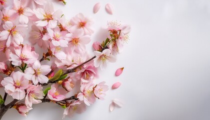 Fototapeta premium Delicate Almond Pink Blossoms Pristine White Background Blossom Bloom Spring