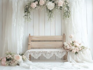 Romantic wedding backdrop with flowers and lace for photography