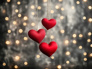 Romantic Valentine's Day, Three red heart ornaments against a bokeh background