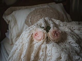 Elegant Pink Roses on Vintage Lace Bedding for Romantic Still Life