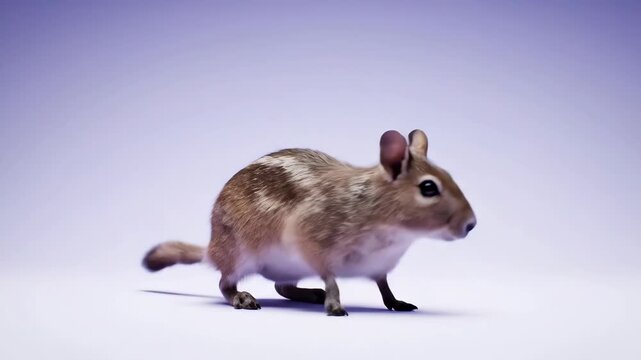 A rodentlike animal possibly an agouti stands on a light purple surface facing forward with visible whiskers and a short tail