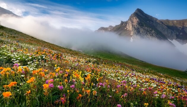A Vibrant Field Of Wildflowers Blankets A Hillside With A Mist Shrouded Mountain Peak In The Background