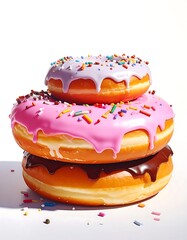 Stacked Donuts with Colorful Glaze and Sprinkles on White Background