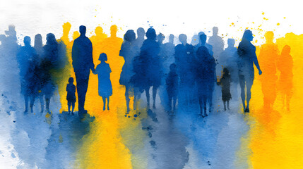 Obraz premium Illustration of silhouettes of a crowd of people painted in watercolor in yellow and blue colors. A concept on the topic of support for people with down syndrome