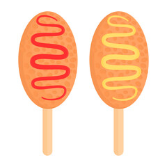corn dogs with ketchup and mustard sauce, simple flat design with warm color tones