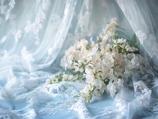 Delicate white flowers on soft blue lace create a serene ambiance