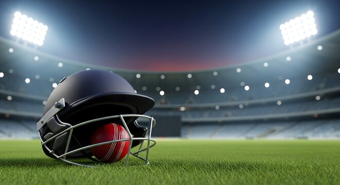 Cricket helmet and ball on grass field under stadium lights, symbolizing sports, competition, teamwork, passion, and excitement of professional cricket match