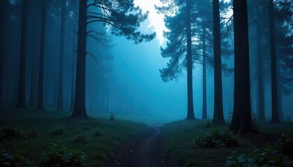 A mystical forest path shrouded in blue fog with tall trees and a bright light in the distance