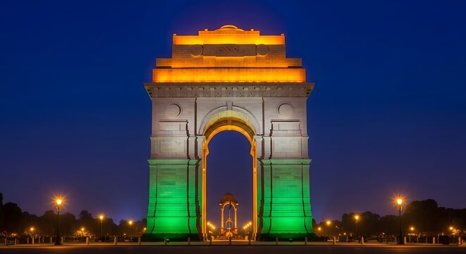 Fototapeta India Gate illuminated with tricolor lights at night in New Delhi, symbolizing patriotism, national pride, Indian independence, and historic landmark tourism attraction