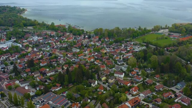 Aerial view of the city and monastery Die&szlig;en am Ammersee in Germany, Bavaria on a sunny spring da