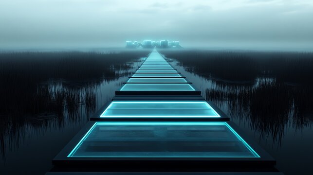 Futuristic glowing path leading into foggy horizon, surrounded by water, symbolizing technology and mystery.