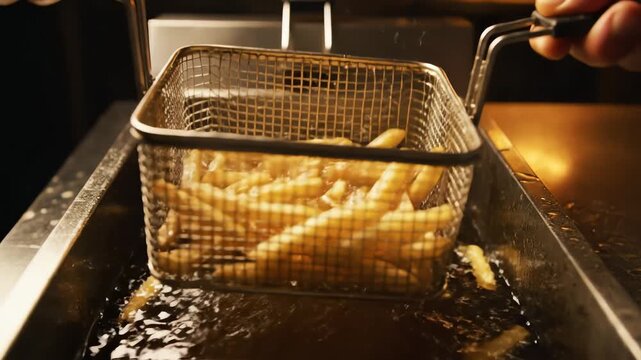 Crisp 4k close-up displays a metal basket filled with golden french fries being lifted from a deep fryer, revealing bubbling oil and a commercial kitchen setting.