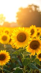 Obraz premium Vibrant sunflowers bask in warm sunset light, filling a field with bright yellow and green hues