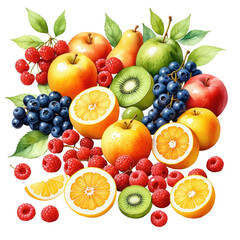 Watercolor fruit arrangement with diverse apples, berries, citrus & kiwi