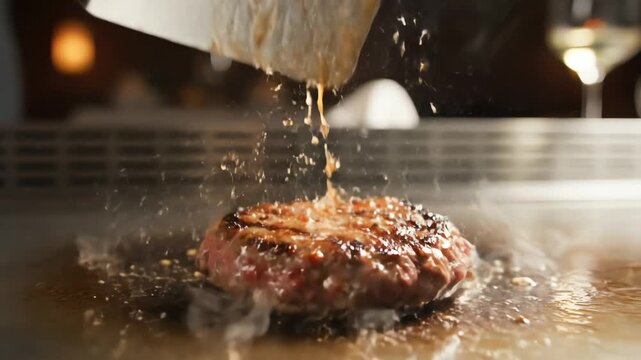 Juicy beef patty cooking on hot flat pan, sizzling burger meat flipped with metal spatula, close-up of grilled ground beef for delicious burger filling, realistic food scene