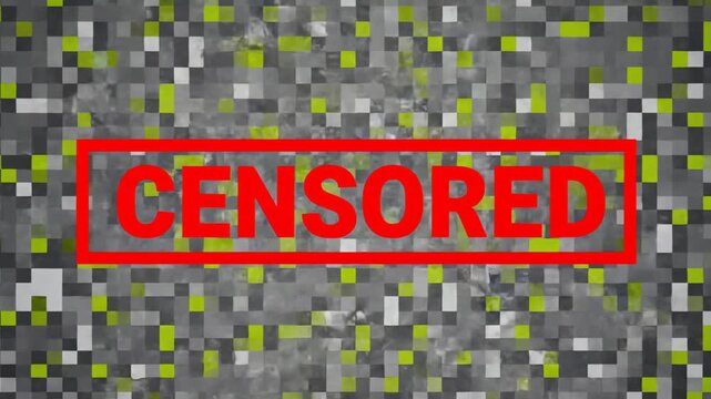censored red bar over glitch pixelated background