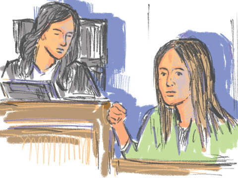 Pastel pencil pen and ink sketch illustration of a courtroom trial setting with female judge and a young female defendant, plaintiff, witness testifying on the stand in court of law.