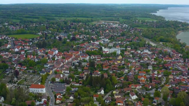 Aerial view of the city and monastery Die&szlig;en am Ammersee in Germany, Bavaria on a sunny spring da
