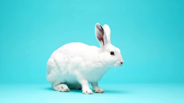 A white rabbit sits against a light blue background looking directly at the viewer