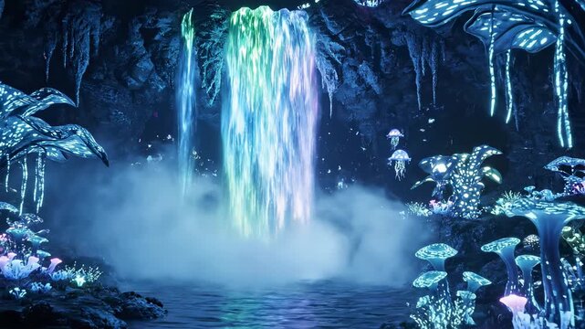 Mysterious bioluminescent alien cave with glowing waterfall and exotic plants