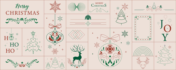 Minimal art deco with christmas tree,bauble,wreath,border outline.vector illustration for Christmas party invitation card, postcard, menu ,print, social media template