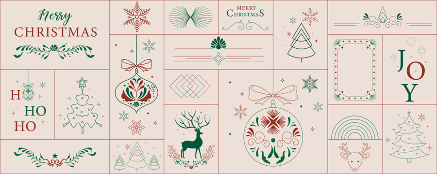 Naklejki Minimal art deco with christmas tree,bauble,wreath,border outline.vector illustration for Christmas party invitation card, postcard, menu ,print, social media template