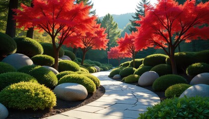 A serene garden path winding through lush greenery and vibrant red trees on a sunny day landscape