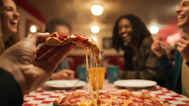 Close-up 4k shot shows a hand holding a slice of dripping, cheesy pizza over a checkered table, as friends laugh and enjoy a casual meal in a warmly lit diner.