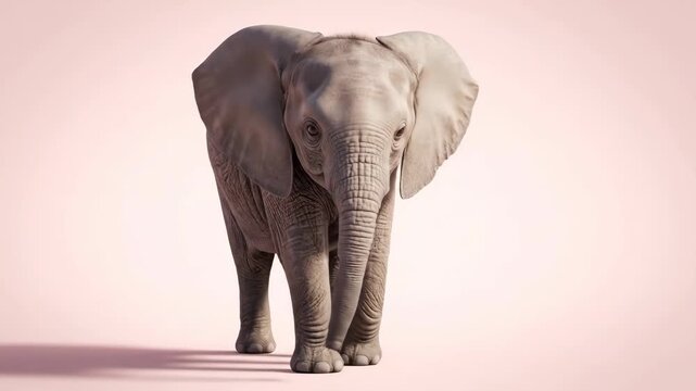 Elephant calf standing facing forward with large ears and a wrinkled trunk against a pastel background casting a shadow on the floor