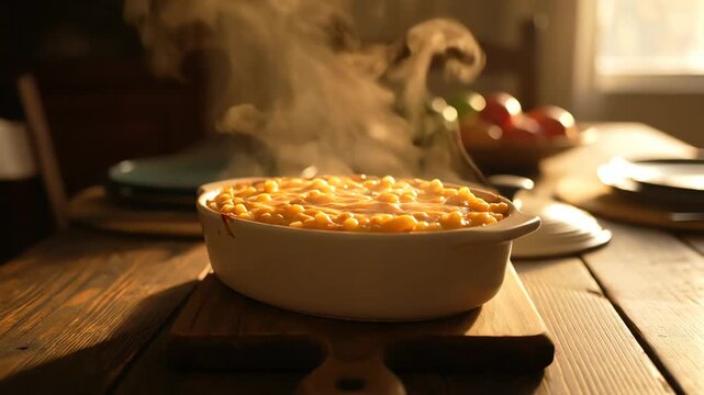 A steaming dish of freshly baked macaroni and cheese sits on a wooden board in 4k, casting warm shadows in a cozy, natural light filled kitchen scene.