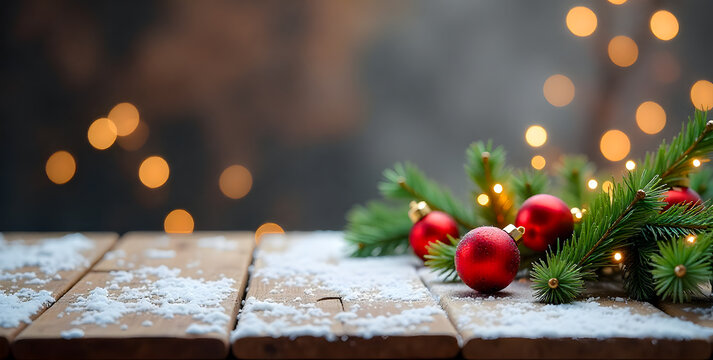 Christmas Table Decor With Red Ornaments, Snow, And Green Pine On Wooden Surface

