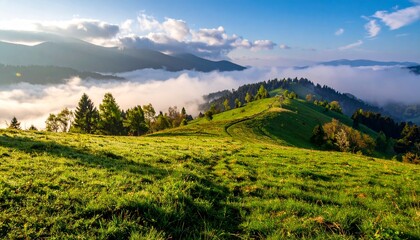 Obraz premium mountain meadow in morning light. countryside springtime landscape with valley in fog behind the forest on the grassy hill. fluffy clouds on a bright blue sky. nature freshness concept