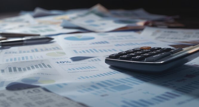 Financial Analysis and Data Charts, Calculator, and Pen