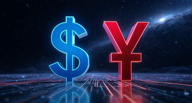 Financial Concepts Dollar and Yen Symbols in a Futuristic Environment