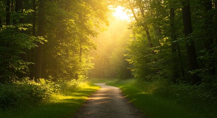 Obraz premium Sunlit Path in the Forest: A sun-drenched path winds its way through a lush forest, the sunlight filtering through the canopy, casting an enchanting glow on the tranquil scene.